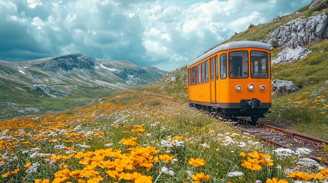Vintage train travels through vibrant wildflower fields in a mou