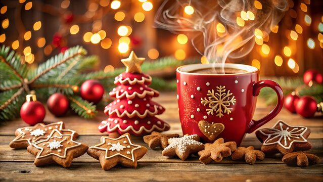 Photo of steaming hot chocolate in a festive red mug surrounded by christmas cookies and decorations with bokeh lights in the background