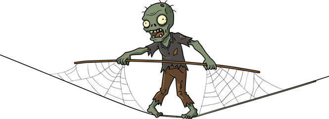 Cartoon zombie character walking on a spider web tightrope with balancing stick, spooky funny Halloween illustration perfect for decorations and party themes