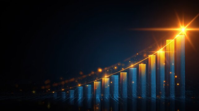Rising bar graph with glowing star on top, representing business growth and success in a dark environment