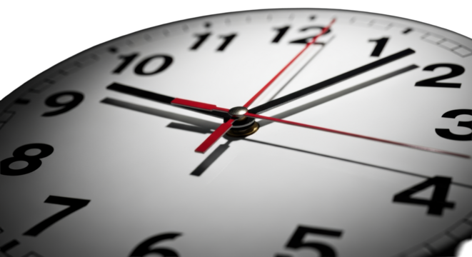 Pristine matte white enamel vintage analog clock face with sharp black numerals, red blurred second hand, cinematic lighting on dark background, concept of time pressure