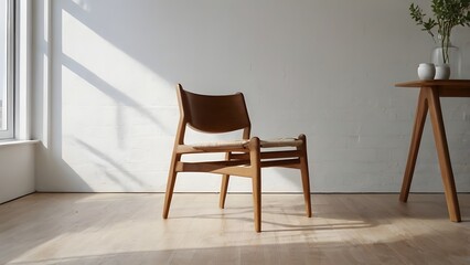 Modern Wooden Chair in Minimalist Sunlit Interior with Scandinavian Design