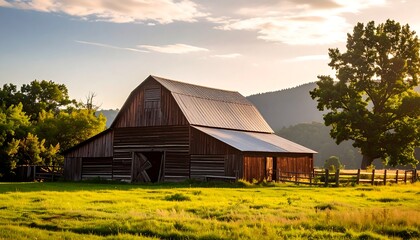 Obraz premium Rustic barn at dawn bathed in golden light