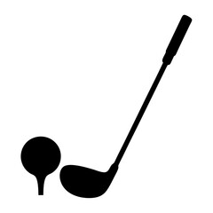 Silhouette of Golf Club and Ball on Tee-Black silhouette of a golf club with ball on tee isolated on white background, representing sport, competition, leisure, and precision activity.