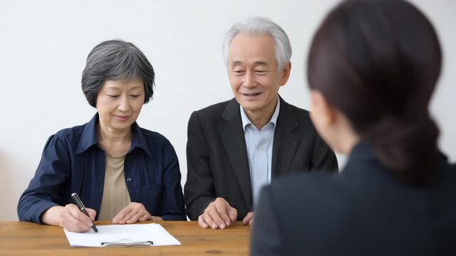 中年夫婦が女性担当者と契約手続き