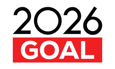 Modern 2026 logo design with bold black text above a red block featuring mirrored white “GOAL” typography. Clean style, sharp lines, and strong contrast create a striking visual.