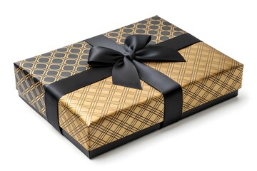 Elegant gift box with black ribbon and stylish gold patterns design