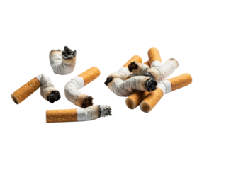 Discarded, crumpled cigarette butts, stained, charred, with loose ash pile on transparent background, minimalist macro studio shot, concept of smoking addiction