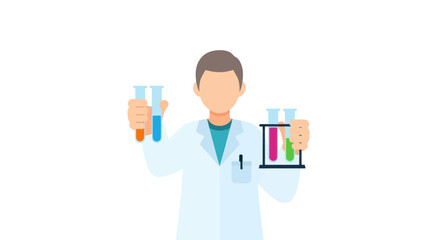 Scientist holding colorful test tubes in a lab coat for chemical experiments.