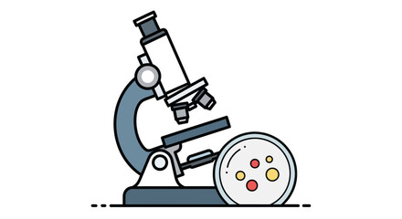 Scientific Microscope and Petri Dish with Colorful Microbes Illustration.