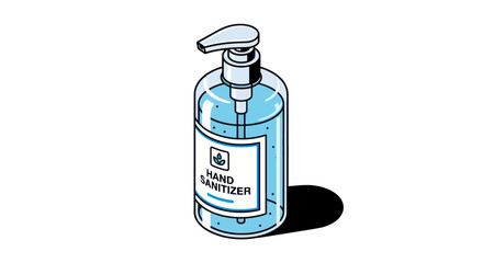 An isometric illustration of a clear pump bottle filled with blue hand sanitizer gel.