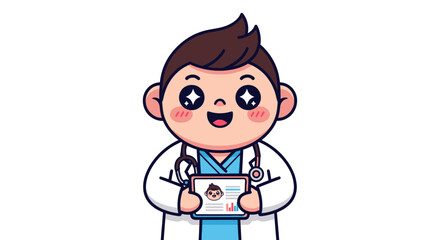 Happy Cartoon Male Doctor Holding Clipboard with Stethoscope.