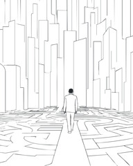 A man walks through a maze towards towering skyscrapers symbolizing choices and future paths.