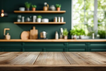 Empty Wooden Table with a Blurred Dark Green Contemporary Kitchen Background