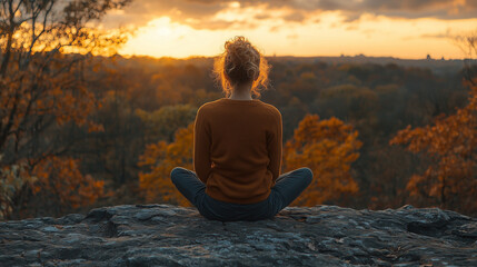 Woman meditating on a rock during sunset with vibrant autumn fol