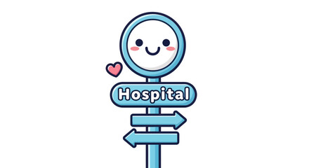 Adorable blue hospital signpost with smiling face and directional arrows.