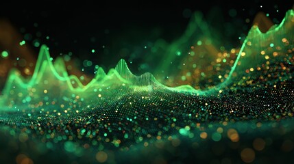 Abstract green and gold sound wave visualization, representing audio, music, and data analysis