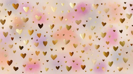 romantic pastel watercolor background with scattered gold foil hearts for love-themed designs, for valentine’s day, weddings, anniversaries, engagements, or birthday celebrations