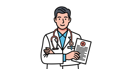 Confident male doctor in a white lab coat with a stethoscope holding a medical report.