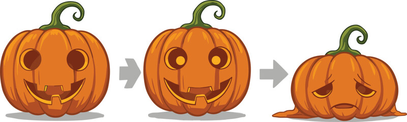Cartoon illustration of pumpkin jack o lantern transformation from fresh to carved happy face and finally melting sad Halloween pumpkin design
