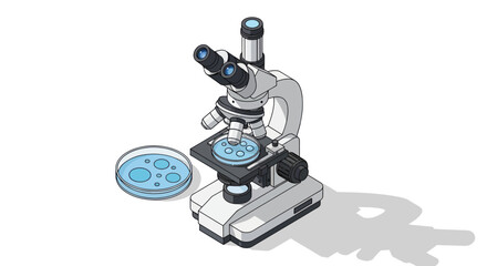 Detailed Illustration of a Laboratory Microscope and Petri Dish.