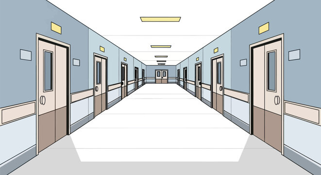 An empty hospital corridor illustration with a long one-point perspective view and multiple doors.
