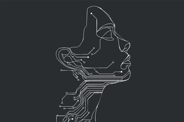 Abstract illustration of a human profile integrated with circuit patterns representing technology and innovation.