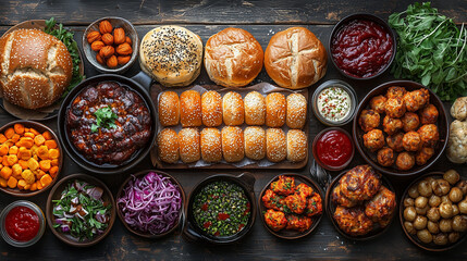 Fototapeta premium Delicious spread of various foods including rolls, meats, vegeta