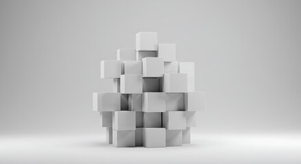 Abstract 3D arrangement of white cubes creating a visually striking, minimalist composition on a soft grey background