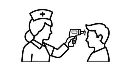 Nurse taking patients temperature with a non-contact infrared thermometer line art.