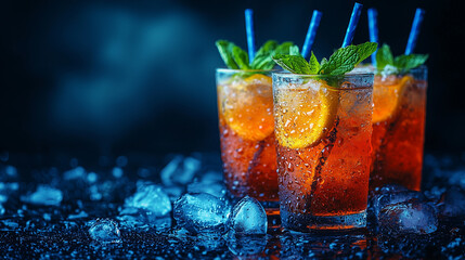 Refreshing summer drinks with ice and mint served in clear glass