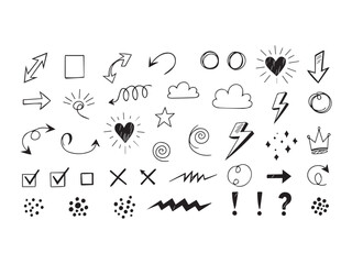 Fototapeta premium Doodle Vector Set Featuring Arrows, Hearts, Clouds, and More Hand Drawn Black and White Sketch Icons