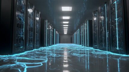 Futuristic data center hallway filled with glowing blue server racks and digital energy flowing across the floor