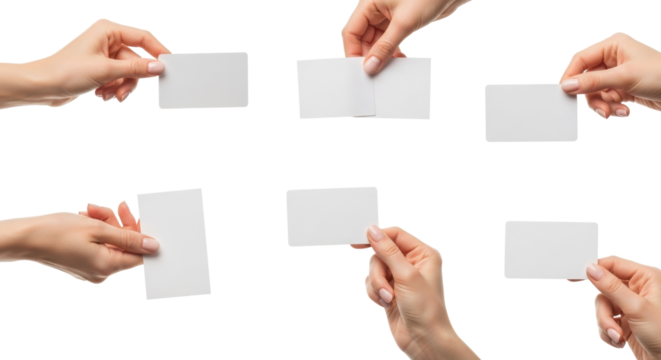 Multiple adult caucasian female hands holding blank white rectangular cards and plain white notes against a transparent background with copy space, concept of potential, identity, and customization