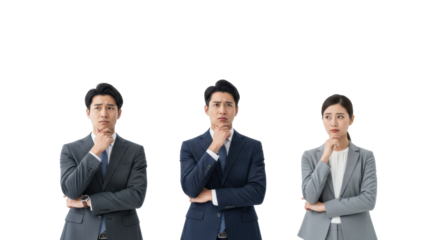 Three young Asian business people in professional attire, contemplating with confused expressions, question marks above heads, on a transparent studio background, concept of business uncertainty