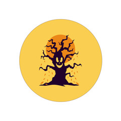 Fototapeta premium Spooky gnarled tree with a smiling face against an orange moon for Halloween concept on a yellow background