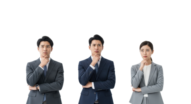 Three young Asian business people in professional attire, contemplating with confused expressions, question marks above heads, on a transparent studio background, concept of business uncertainty