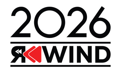 Modern 2026 logo design with bold black text above a red block featuring mirrored white “REWIND” typography. Clean style, sharp lines, and strong contrast create a striking visual.