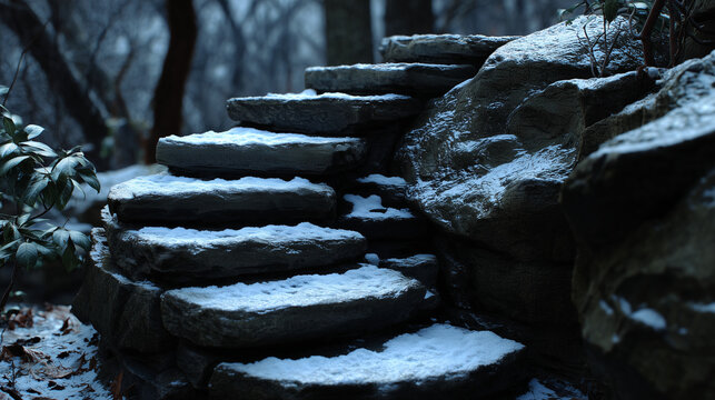 Snow covered stone steps in winter forest