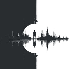 Naklejka premium A minimalist silhouette of a person against a contrasting cityscape reflection in black and white.