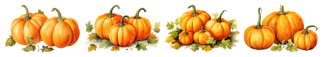PNG Autumn pumpkins with leaves, element set on transparent background