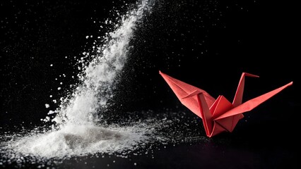 Red origami crane paper bird art with falling white powder