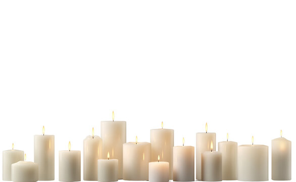 Candle Collection Burning Wax Pillar Set, Romantic Glow, Memorial Funeral Light, Spiritual Decoration Isolated