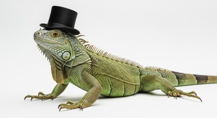 Fototapeta premium iguana wearing a top hat, formal attire, on a solid white background