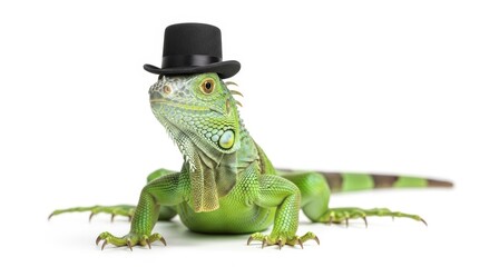 Obraz premium iguana wearing a top hat, formal attire, on a solid white background
