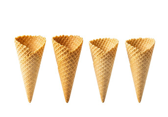 Four empty classic ice cream cones, golden-brown sugar and beige wafer textures, isolated on seamless transparent studio background with soft lighting, clean product shot concept