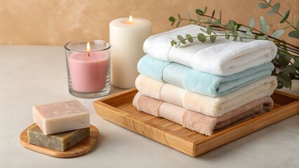 Spa scene with towels candles and soap for relaxation and wellness