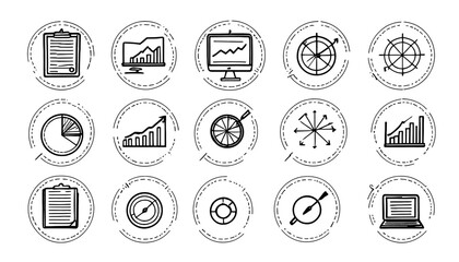 Dynamic collection of business strategy icons including charts, graphs, targets, and planning tools for modern professional presentations and digital projects