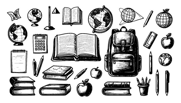 Inspiring collection of educational essentials including globes, books, apples, backpack, and writing tools for academic success and student life