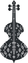 Fototapeta premium Artistic illustration of a violin featuring intricate patterns and musical motifs in black and white.